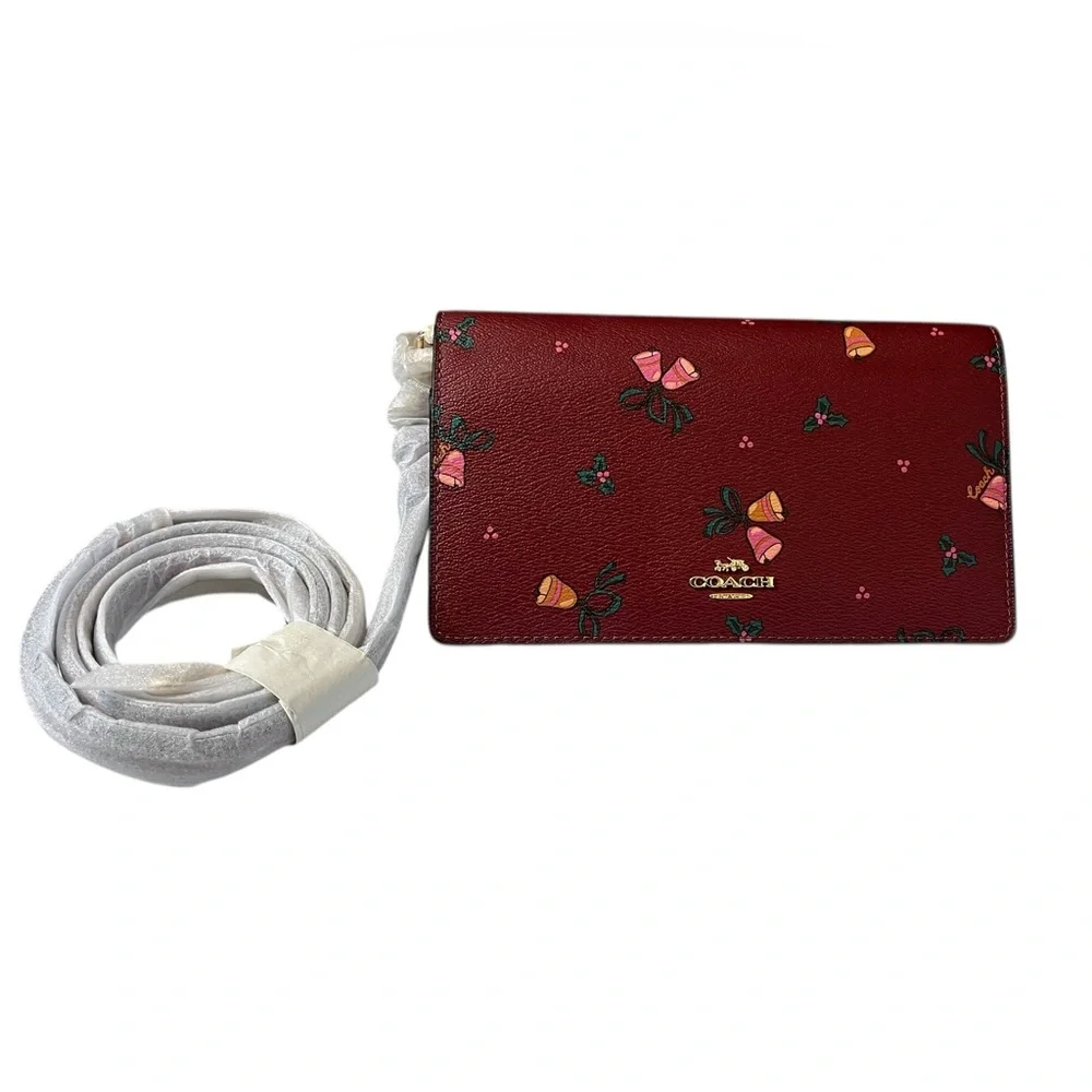 HP x 2 Coach Anna Fold Over Crossbody Clutch Bag Limited Holiday Bells Print NWT